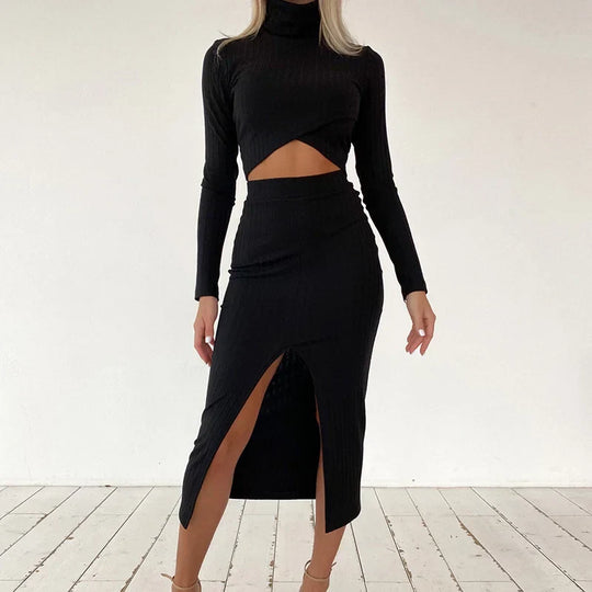 Casual jumpsuit met lange mouwen, hoge hals en hoge taille rok met split