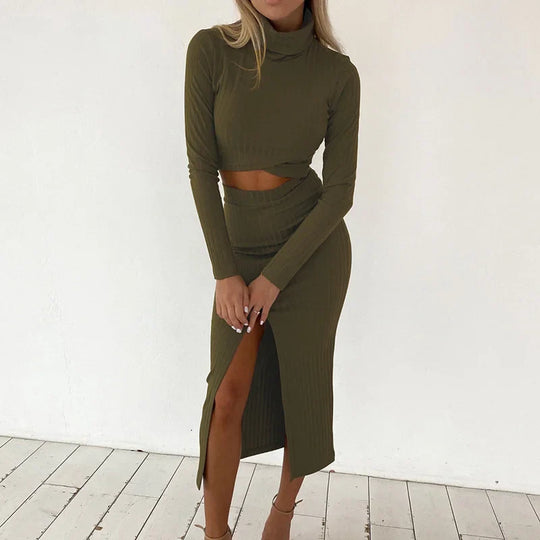 Casual jumpsuit met lange mouwen, hoge hals en hoge taille rok met split