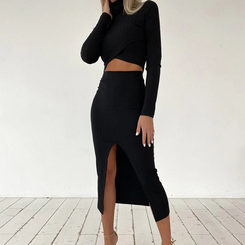 Casual jumpsuit met lange mouwen, hoge hals en hoge taille rok met split