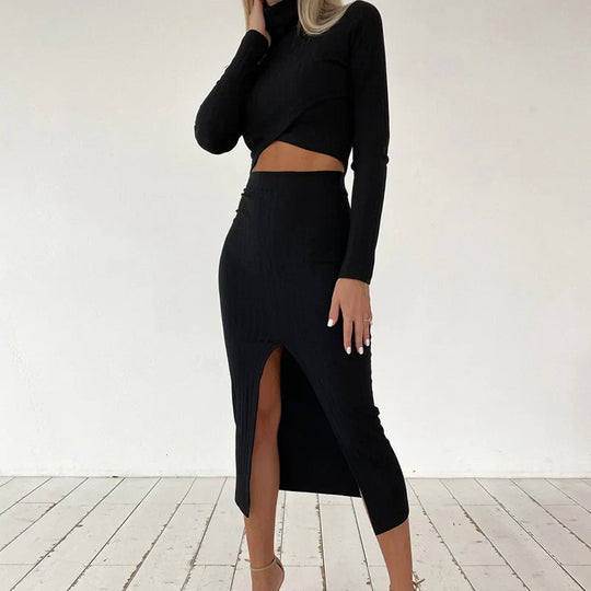 Casual jumpsuit met lange mouwen, hoge hals en hoge taille rok met split