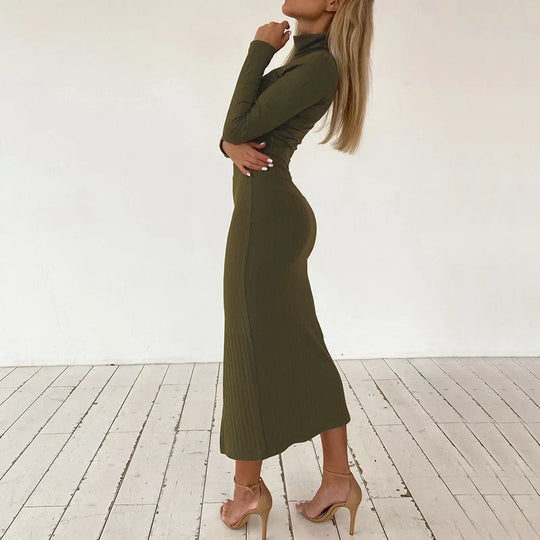 Casual jumpsuit met lange mouwen, hoge hals en hoge taille rok met split