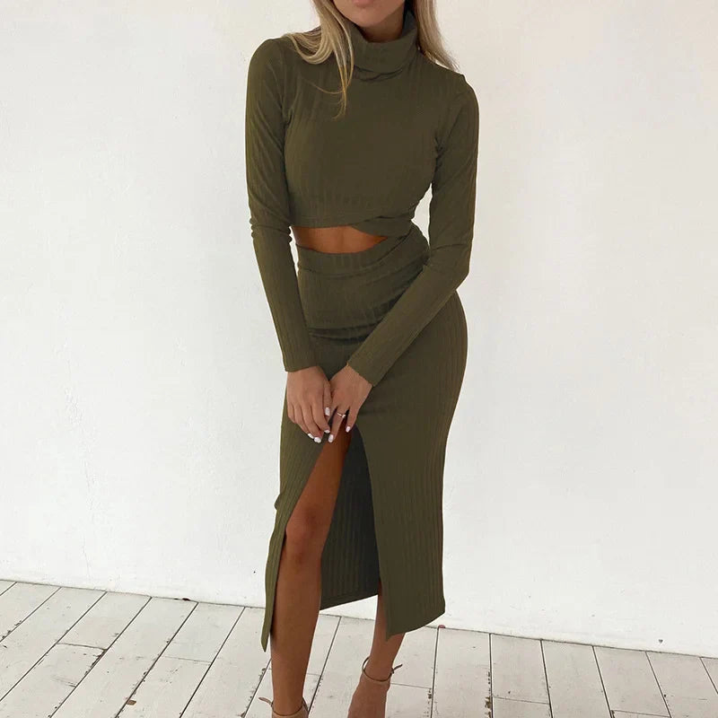 Casual jumpsuit met lange mouwen, hoge hals en hoge taille rok met split