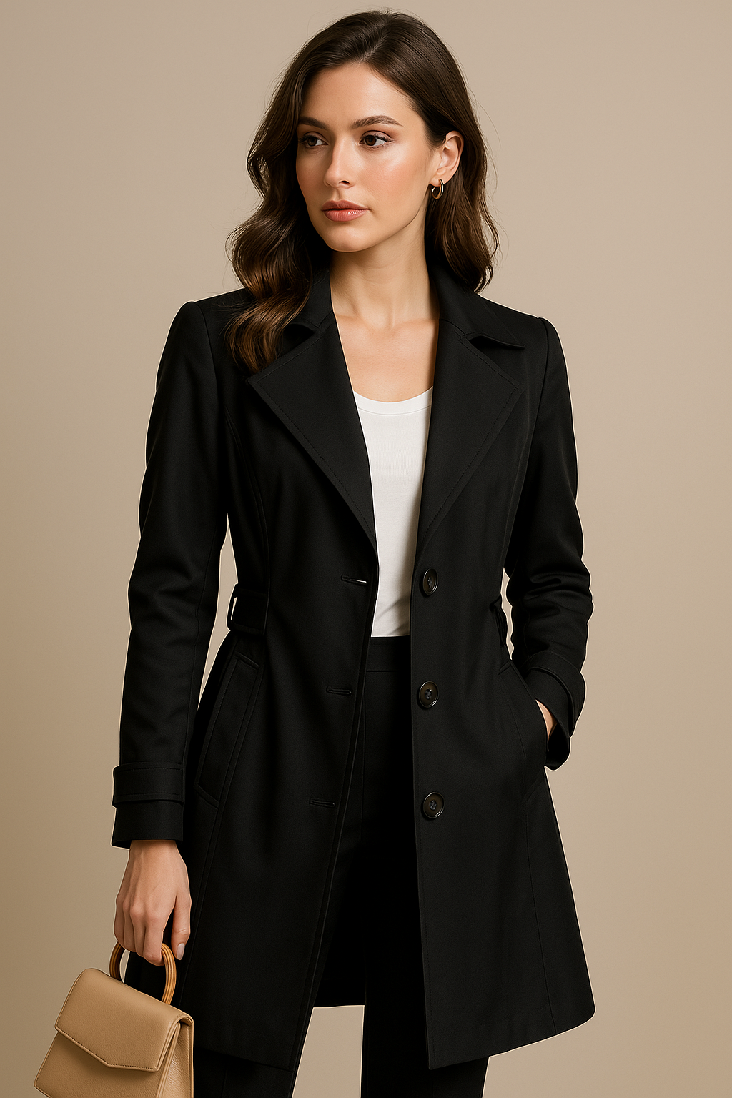 Women wears Black trenchcoat