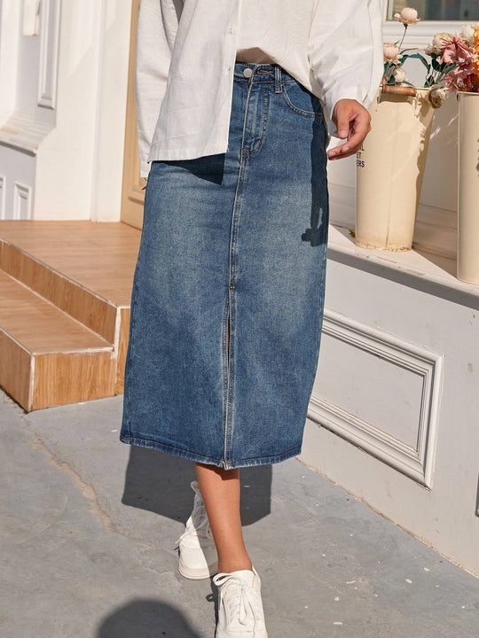 High Waist Lange Denim Rok
