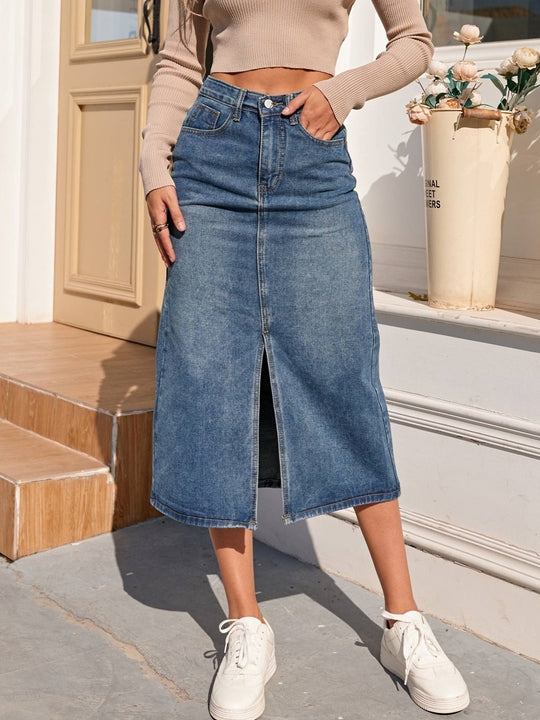 High Waist Lange Denim Rok