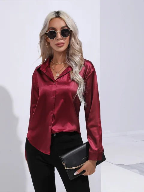 Leya - Elegant Loose Satin Blouse with Long Sleeves