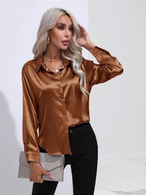 Leya - Elegant Loose Satin Blouse with Long Sleeves