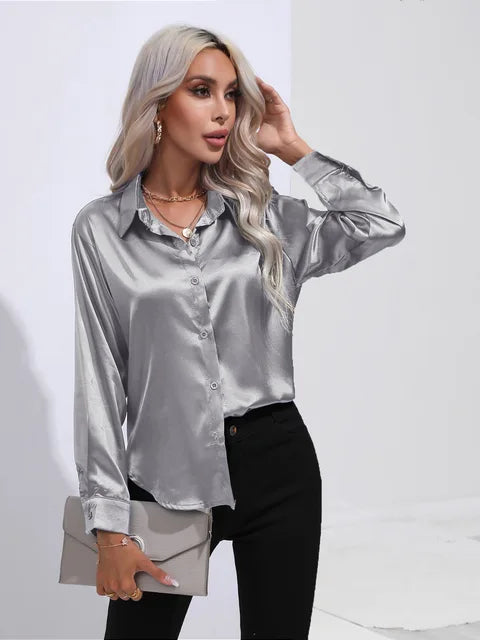 Leya - Elegant Loose Satin Blouse with Long Sleeves
