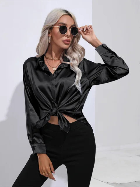 Leya - Elegant Loose Satin Blouse with Long Sleeves