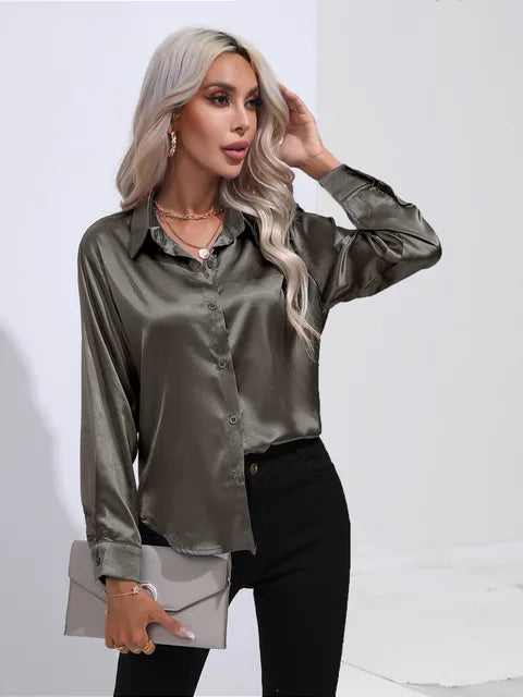Leya - Elegant Loose Satin Blouse with Long Sleeves