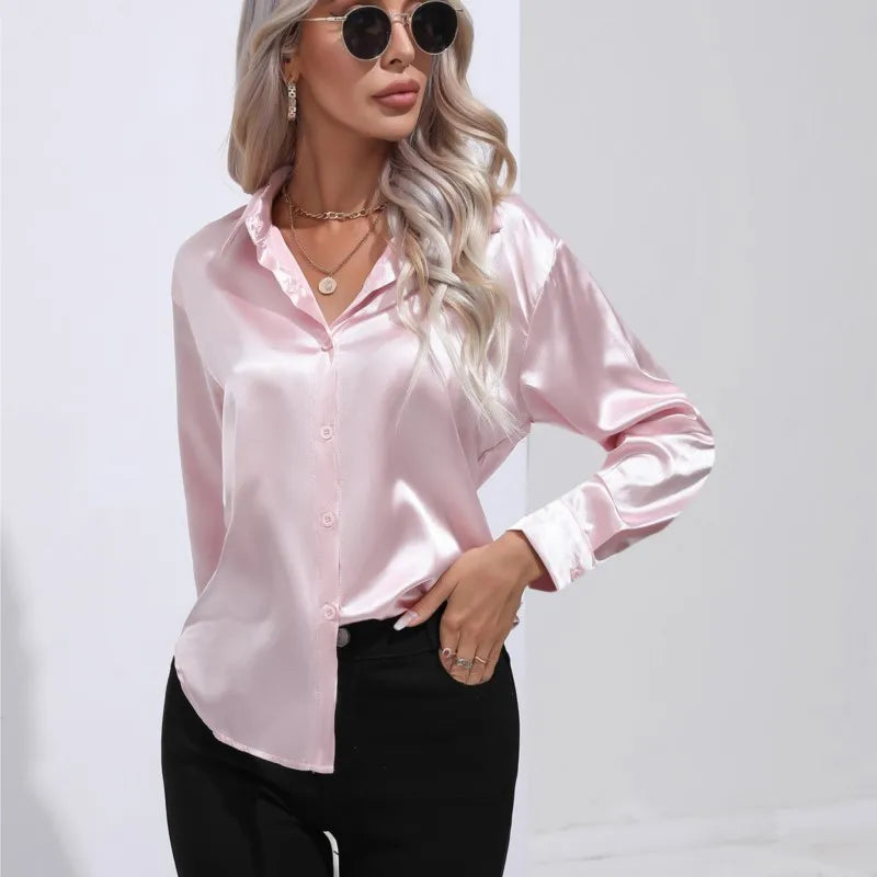 Leya - Elegant Loose Satin Blouse with Long Sleeves