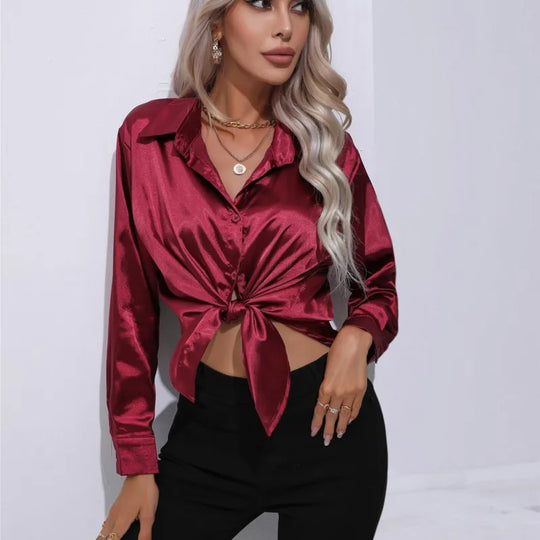 Leya - Elegant Loose Satin Blouse with Long Sleeves