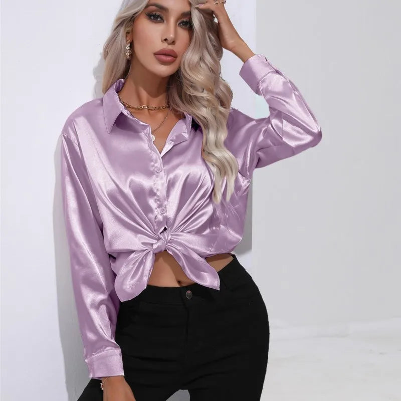 Leya - Elegant Loose Satin Blouse with Long Sleeves