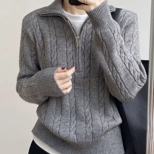 Half-length Knitted Zip-Up Sweater for Women
