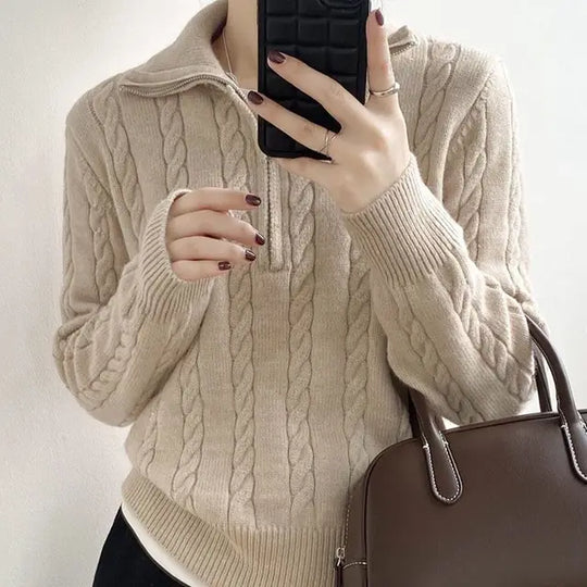 Half-length Knitted Zip-Up Sweater for Women