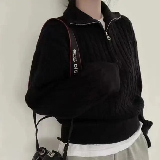 Half-length Knitted Zip-Up Sweater for Women