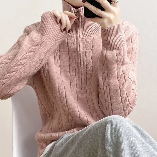 Half-length Knitted Zip-Up Sweater for Women