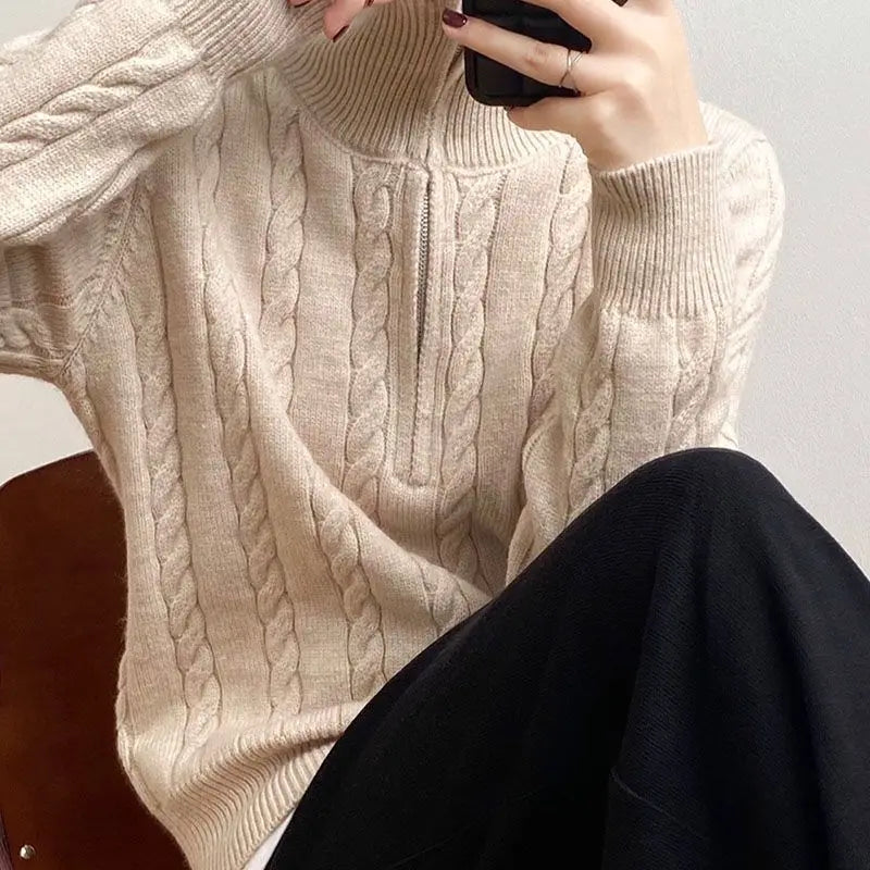 Half-length Knitted Zip-Up Sweater for Women