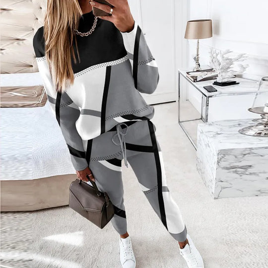 2-Piece Set: O-Neck Long Sleeve Pullover & Tie-Waist Long Pants