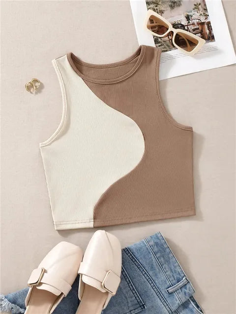 Carline - Women's Sleeveless Crop Tank Top in Rib Knit with Patchwork Pattern