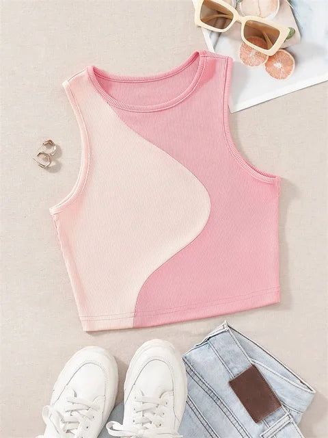 Carline - Women's Sleeveless Crop Tank Top in Rib Knit with Patchwork Pattern