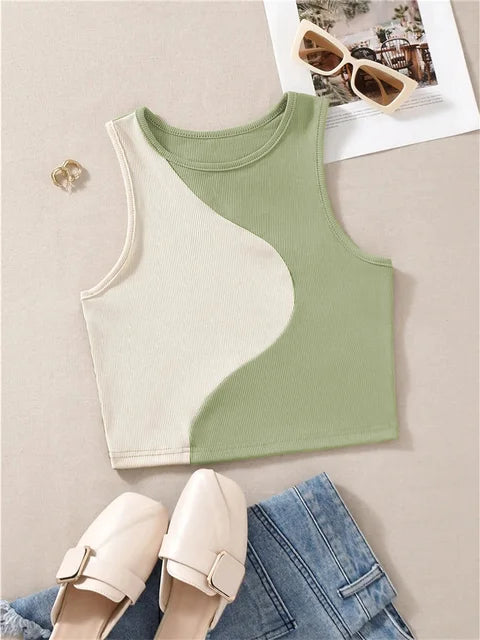 Carline - Women's Sleeveless Crop Tank Top in Rib Knit with Patchwork Pattern