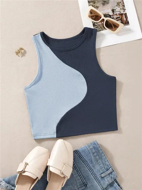 Carline - Women's Sleeveless Crop Tank Top in Rib Knit with Patchwork Pattern