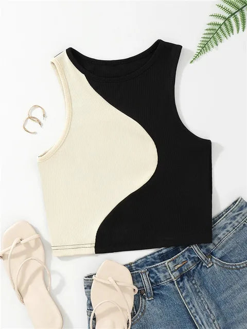 Carline - Women's Sleeveless Crop Tank Top in Rib Knit with Patchwork Pattern