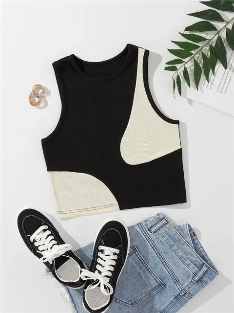 Carline - Women's Sleeveless Crop Tank Top in Rib Knit with Patchwork Pattern