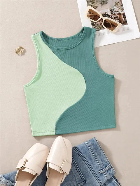 Carline - Women's Sleeveless Crop Tank Top in Rib Knit with Patchwork Pattern