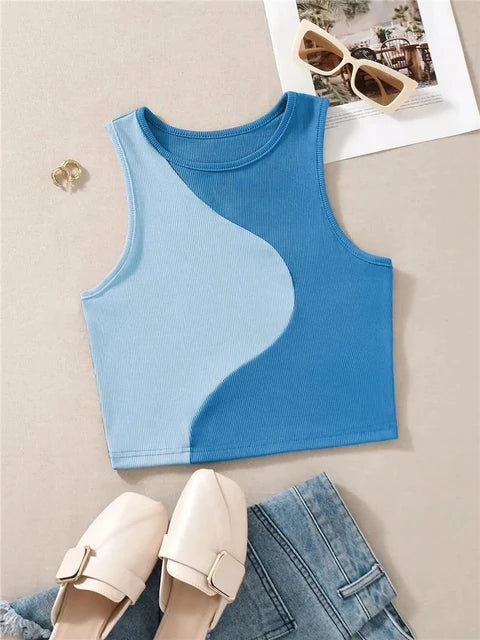 Carline - Women's Sleeveless Crop Tank Top in Rib Knit with Patchwork Pattern