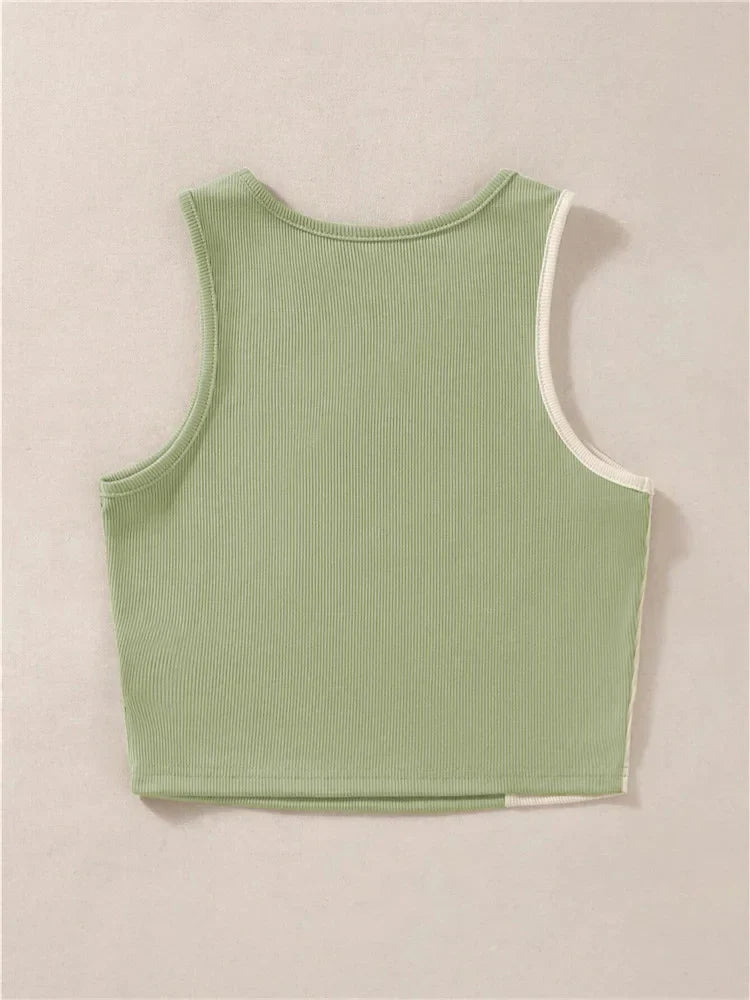 Carline - Women's Sleeveless Crop Tank Top in Rib Knit with Patchwork Pattern