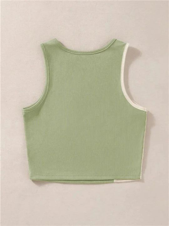 Carline - Women's Sleeveless Crop Tank Top in Rib Knit with Patchwork Pattern