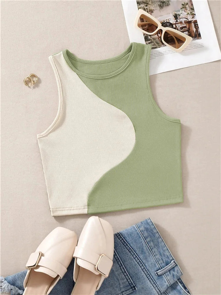 Carline - Women's Sleeveless Crop Tank Top in Rib Knit with Patchwork Pattern