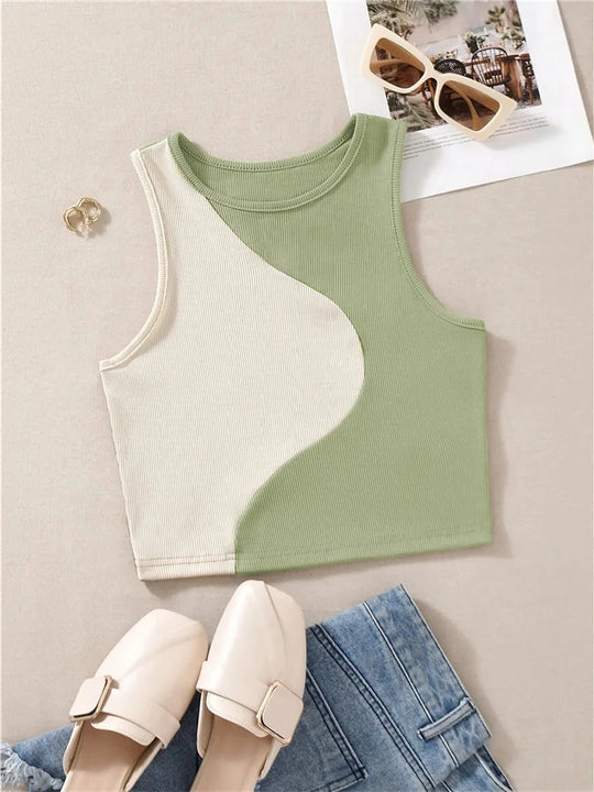 Carline - Women's Sleeveless Crop Tank Top in Rib Knit with Patchwork Pattern