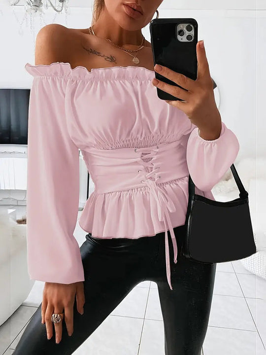 Liz Top - Off-Shoulder Top met verstelbare taille en lange mouwen