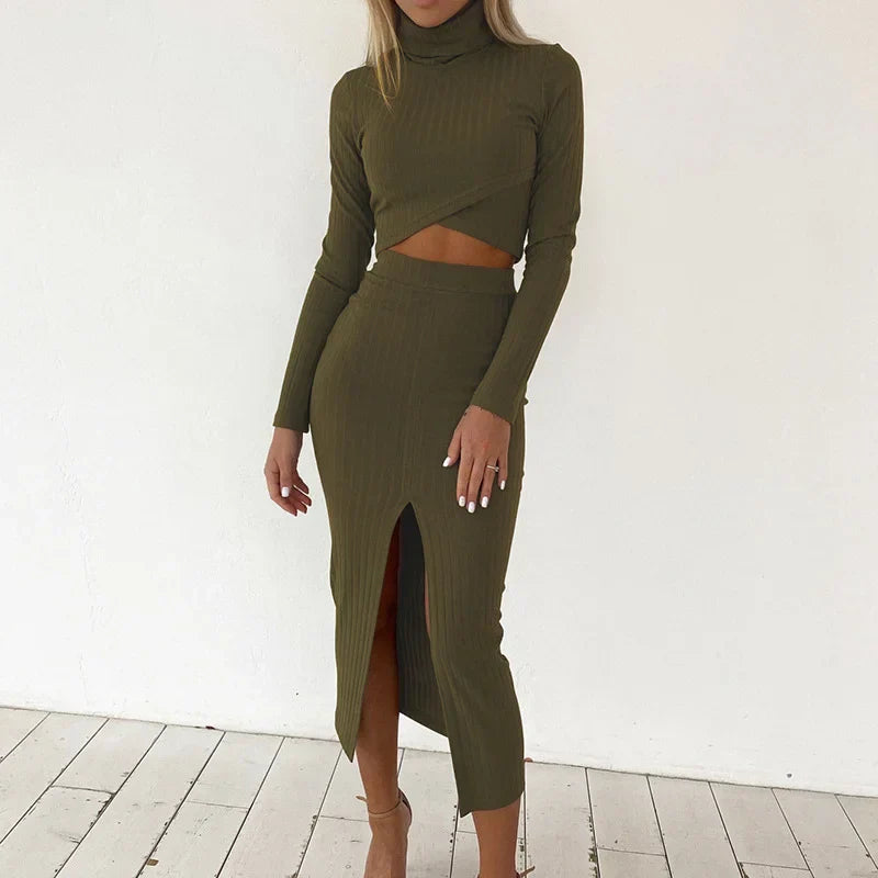 Casual jumpsuit met lange mouwen, hoge hals en hoge taille rok met split