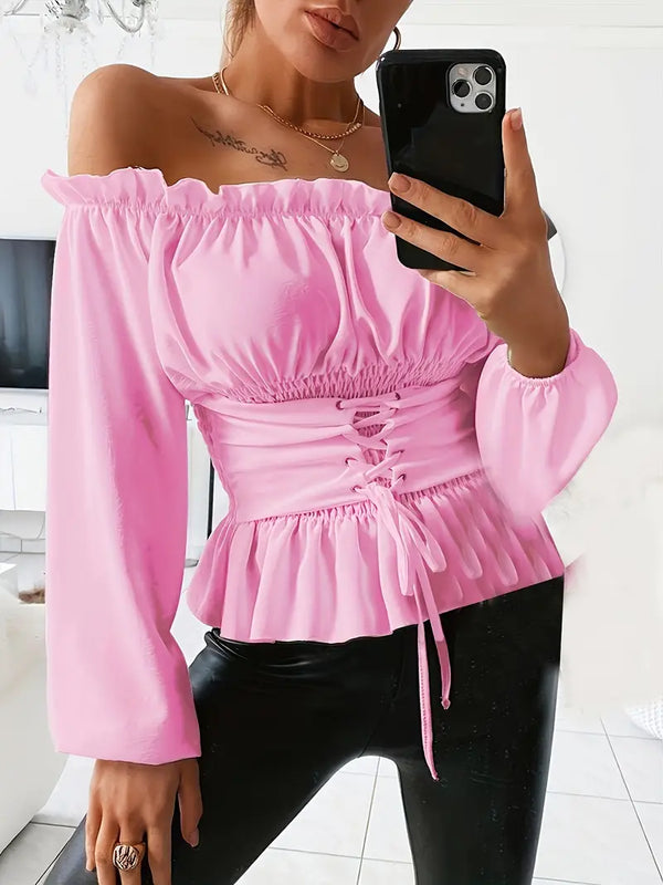 Liz Top - Off-Shoulder Top met verstelbare taille en lange mouwen