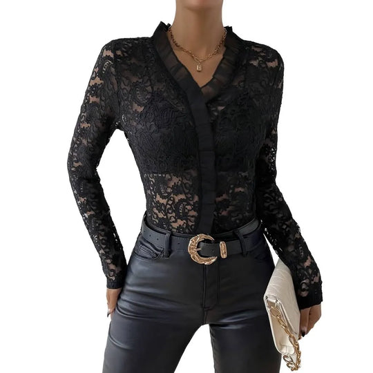 Pippa - Women's Floral Lace Top with Ruffles and Long Sleeves